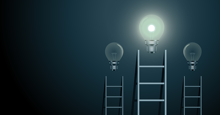 Career development concept shown with three ladders and three lamps.