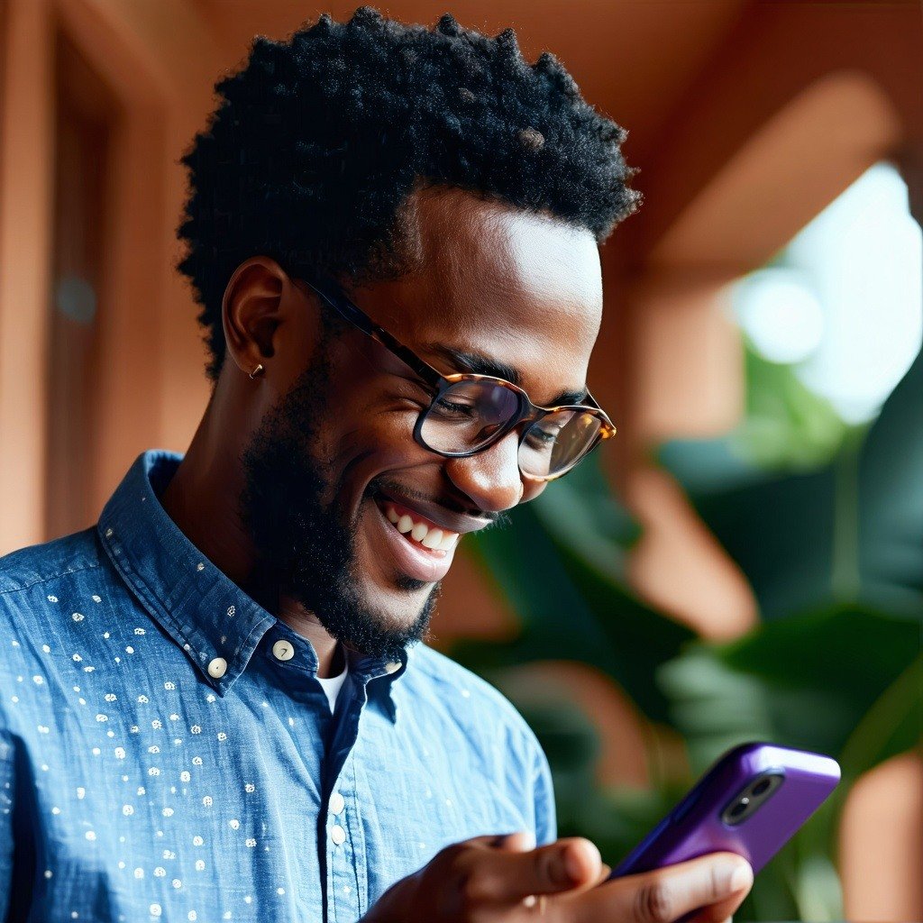 Happy african person looking at message on phone