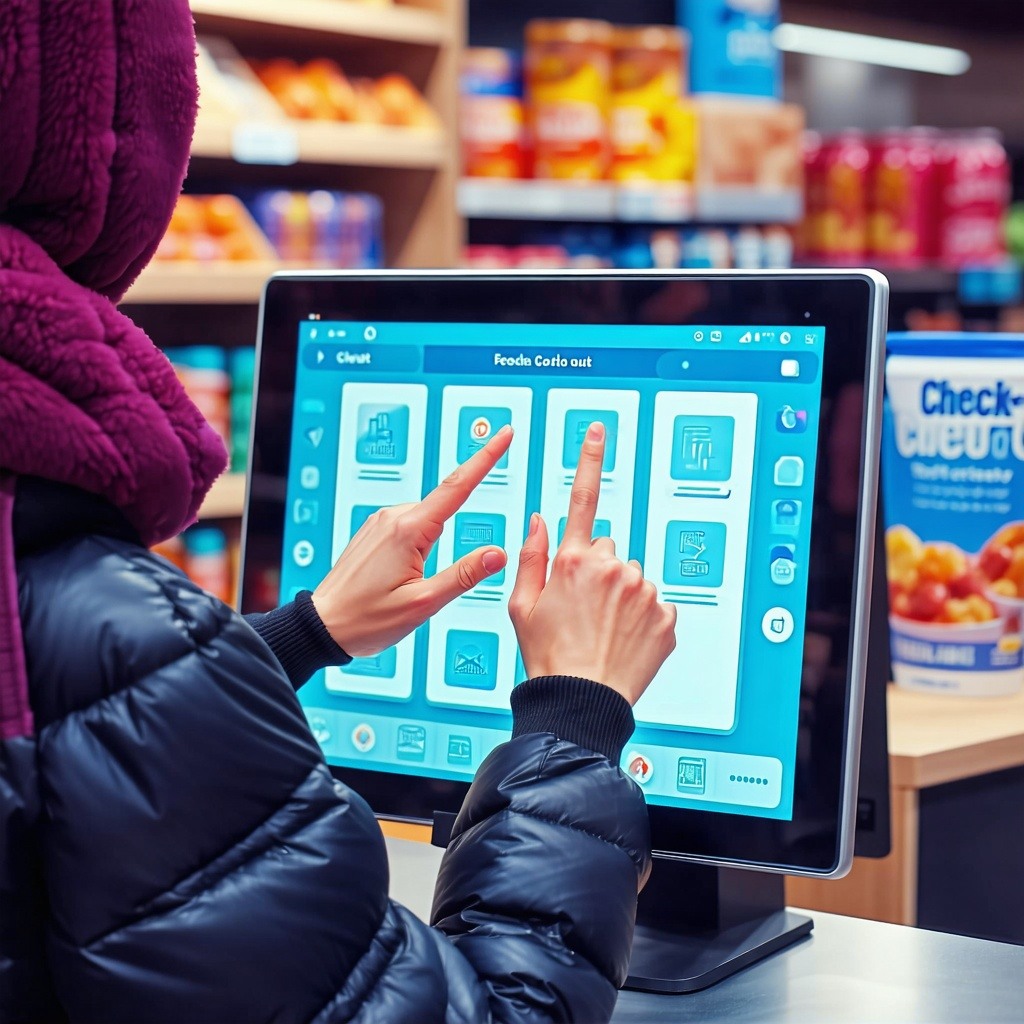 cusotmer giving feedback on touchscreen at check out counter-1