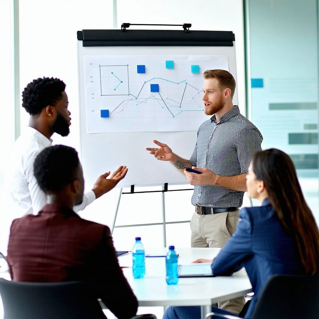 diverse business meeting with consultant at white board