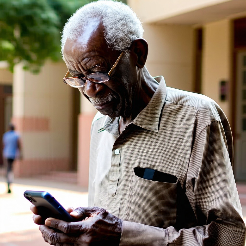 older african man typing on old fashioned mobile phone-1